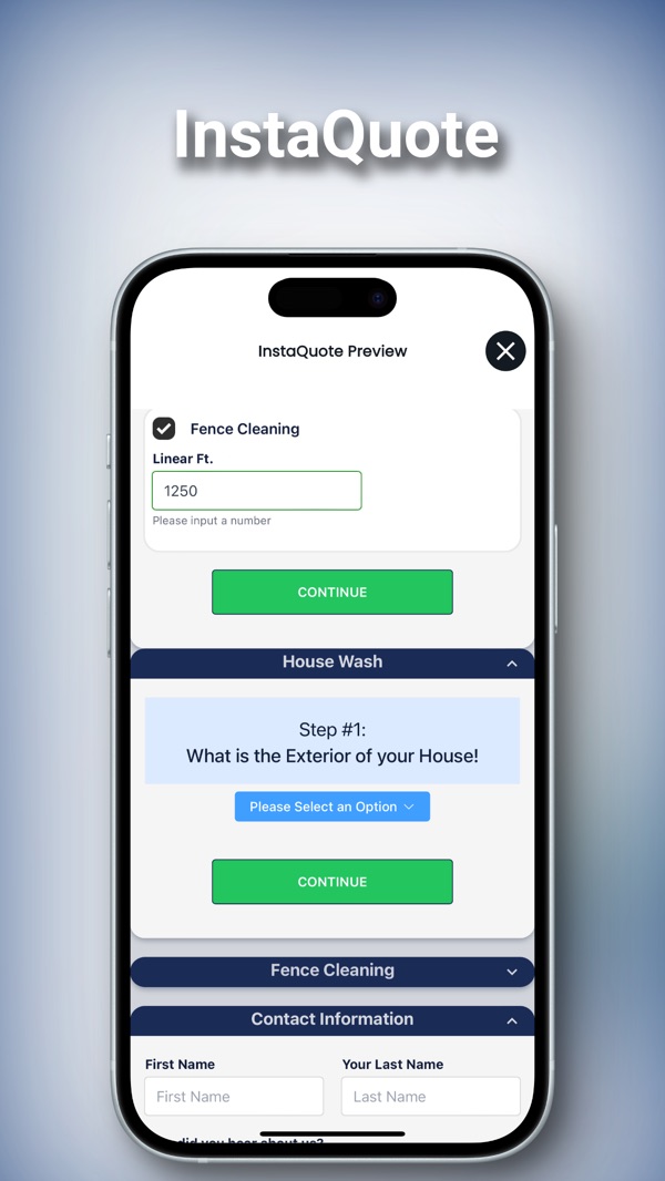 QuoteIQ InstaQuote form on iPhone: a customer picks services and enters measurements to get a quote