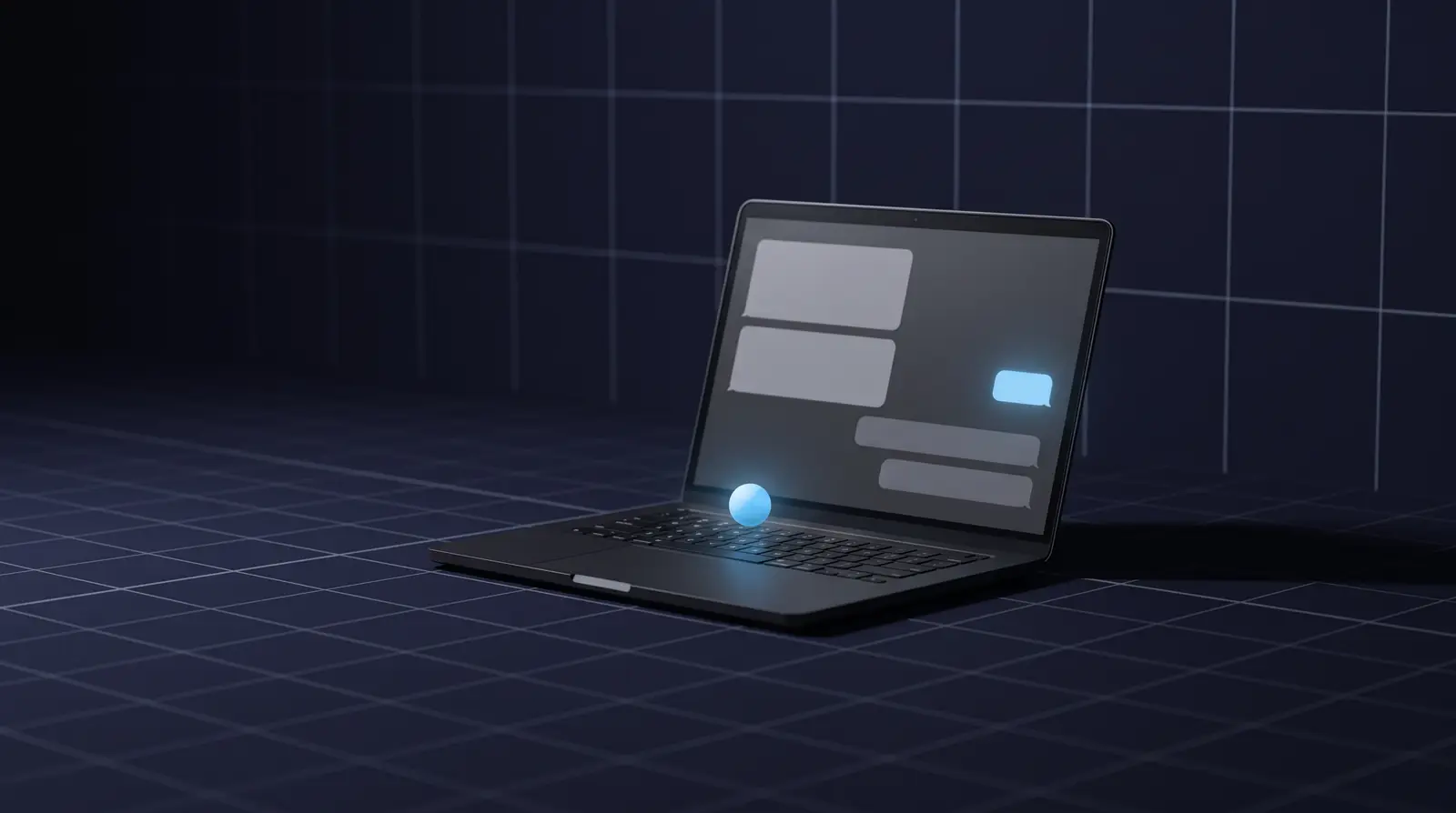 A laptop showing a chat layout, with a small glowing light blue sphere above the keyboard