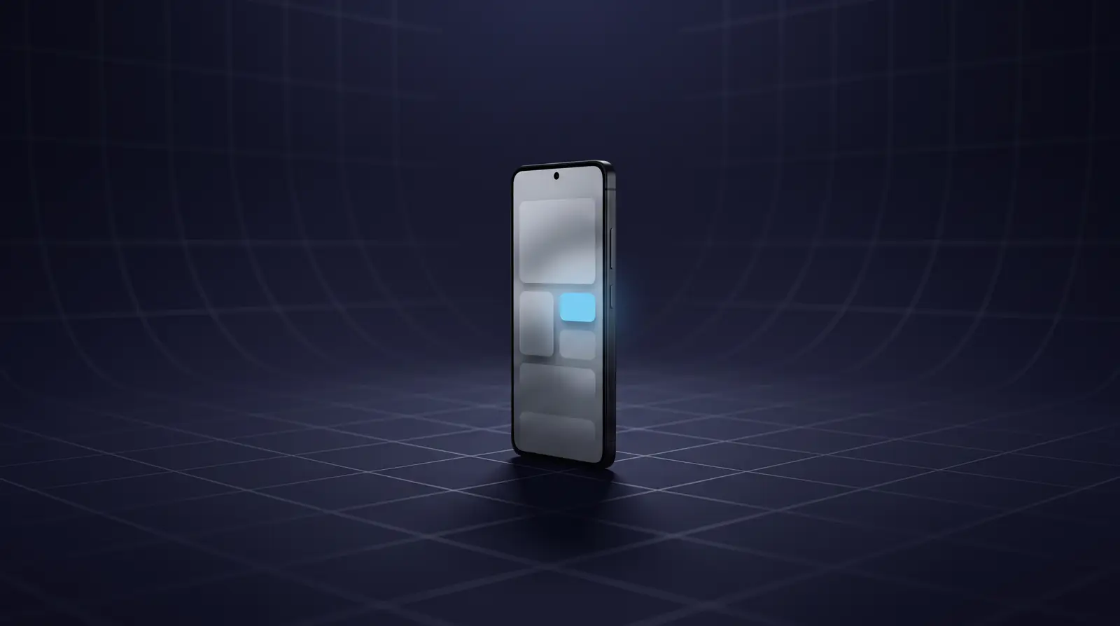 A single Android-style smartphone standing on a dark grid floor, showing app cards and a light blue button