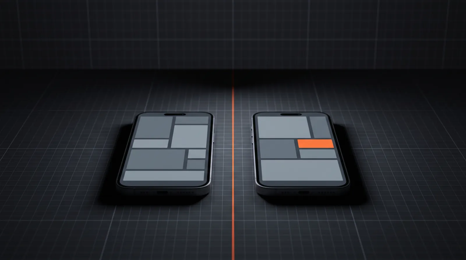 Two smartphones side by side on a dark grid floor with a thin orange line between them