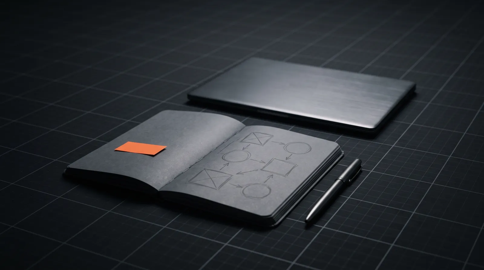 An open notebook with box-and-arrow diagrams, an orange note, a pen and a closed laptop