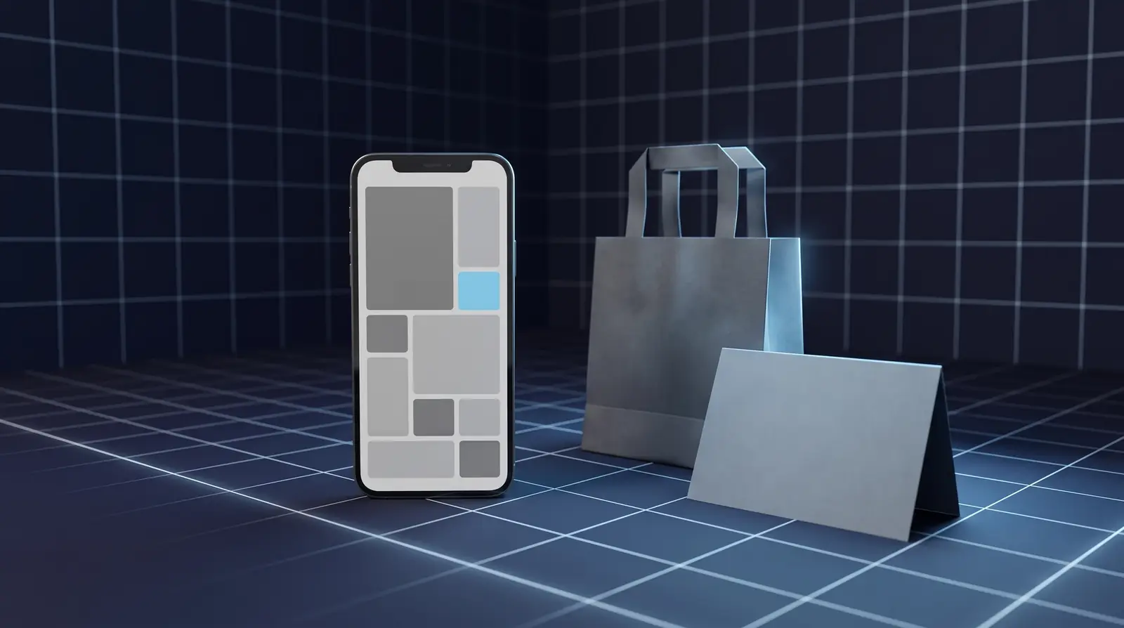 A phone showing a product grid with a light blue buy button, beside a shopping bag and a card