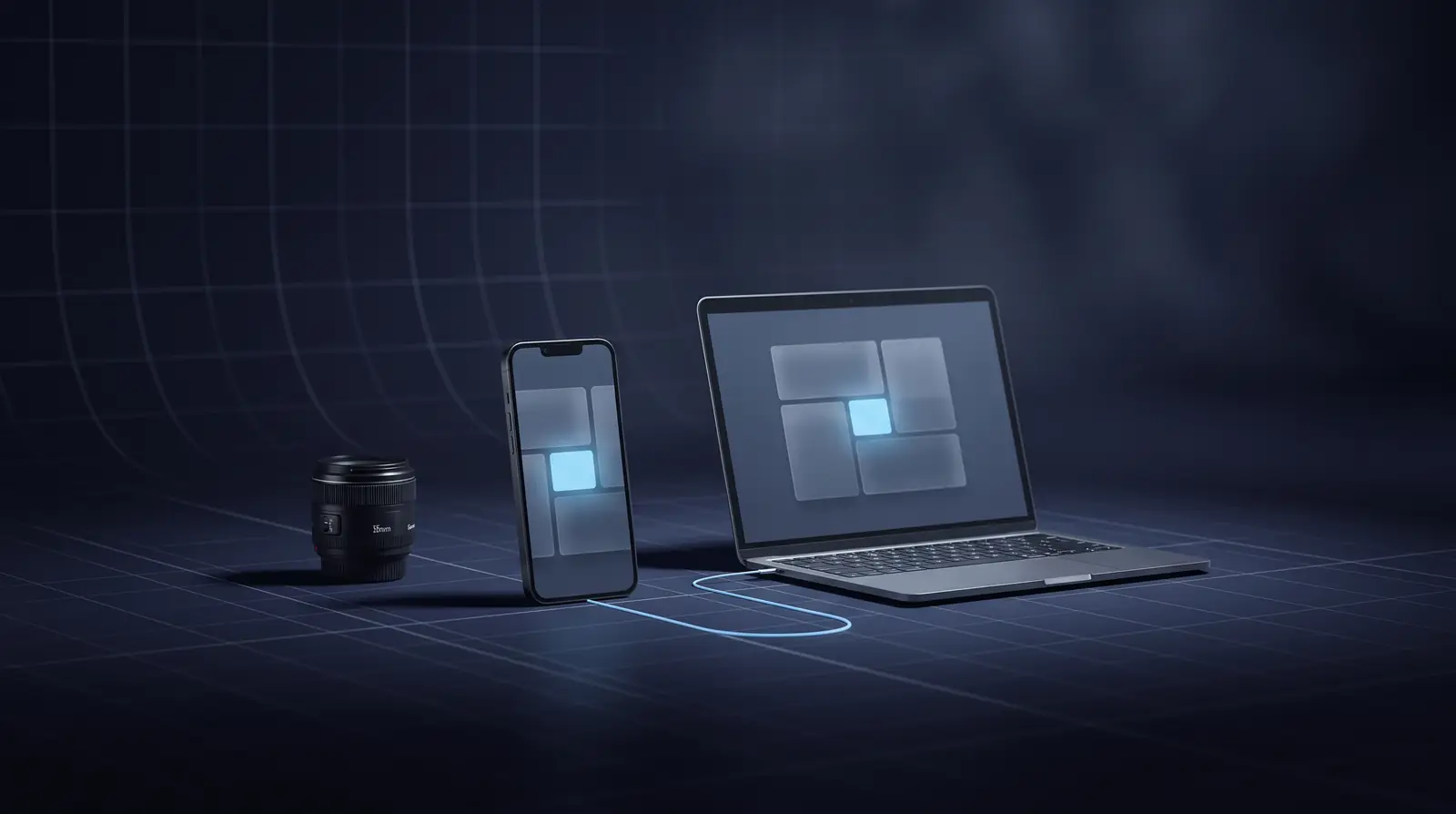 A phone and a laptop side by side showing the same app layout, joined by a light blue line