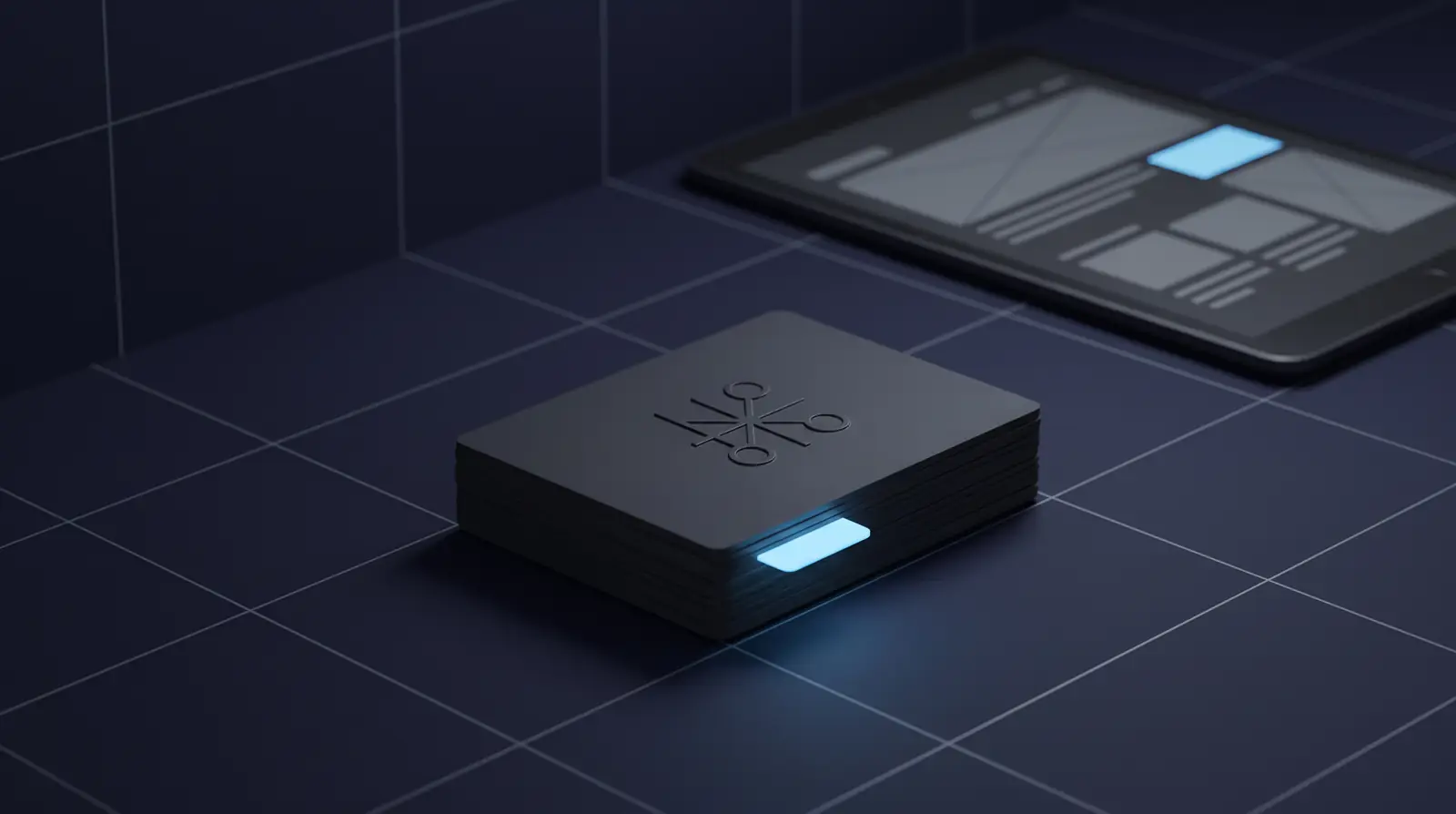A stack of matte black cards with an embossed abstract mark and a light blue tab