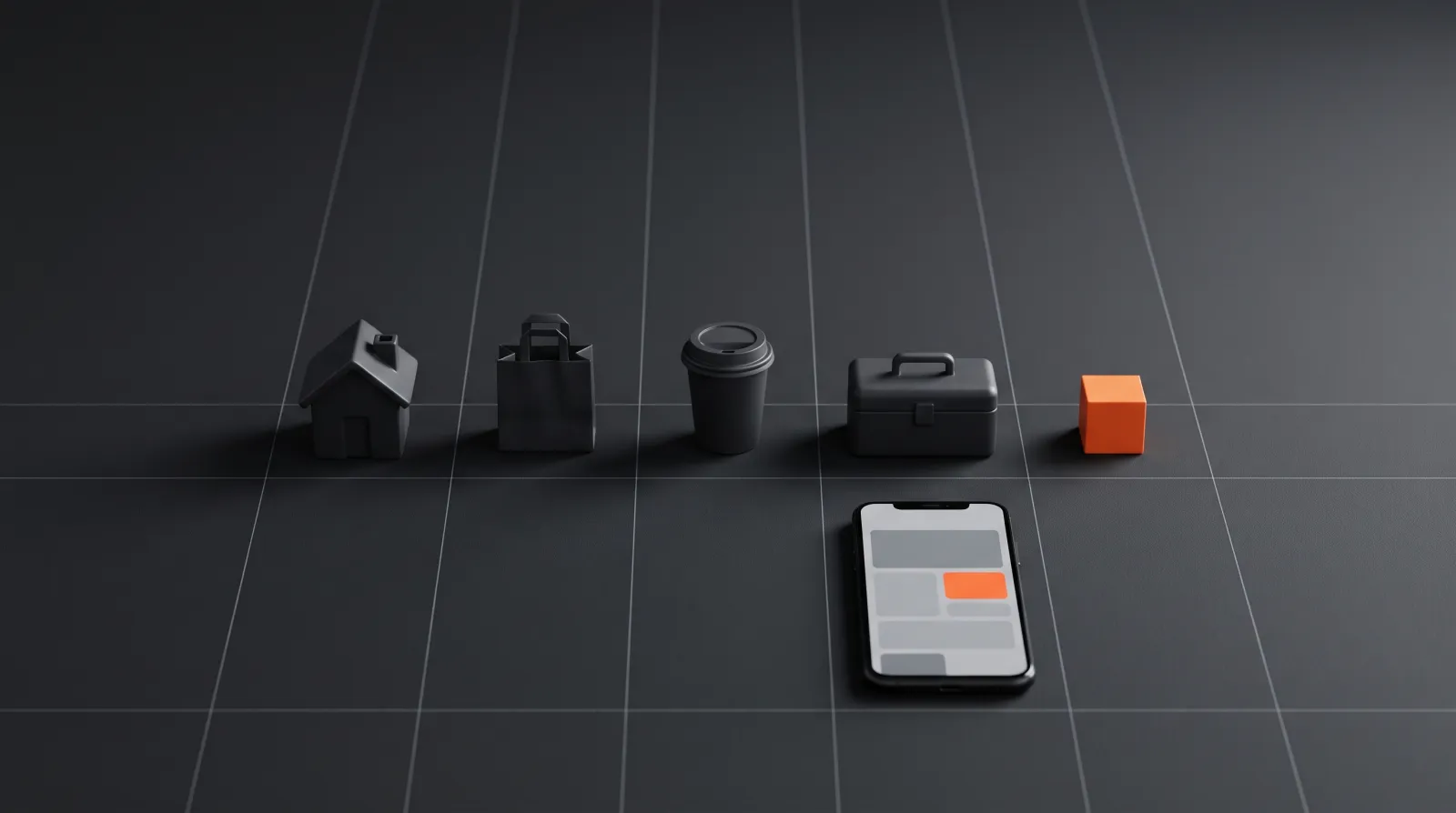 Small models of a house, a shopping bag, a coffee cup and a toolbox, with a phone in front