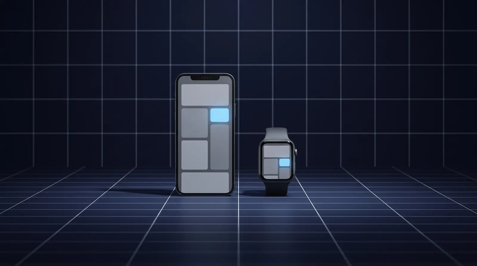 A smartphone and a smartwatch on a dark grid floor, showing a simple app layout
