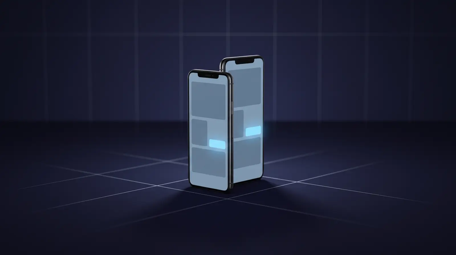 Two smartphones on a dark studio floor, each showing a simple app layout with a light blue button