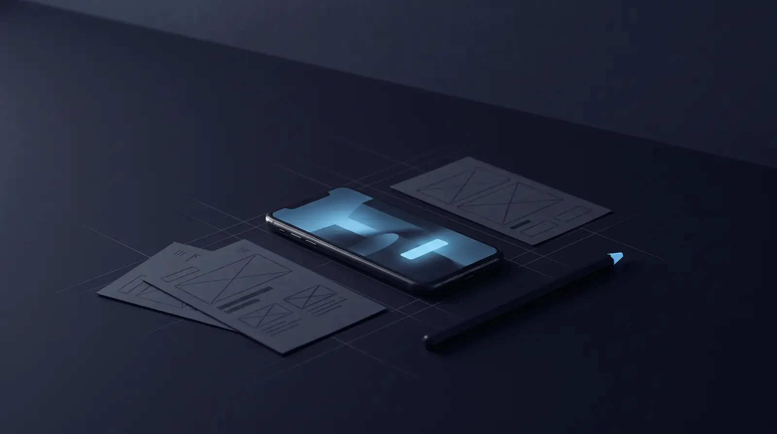 A phone beside paper wireframe cards and a pencil, the sketch built as an app on screen