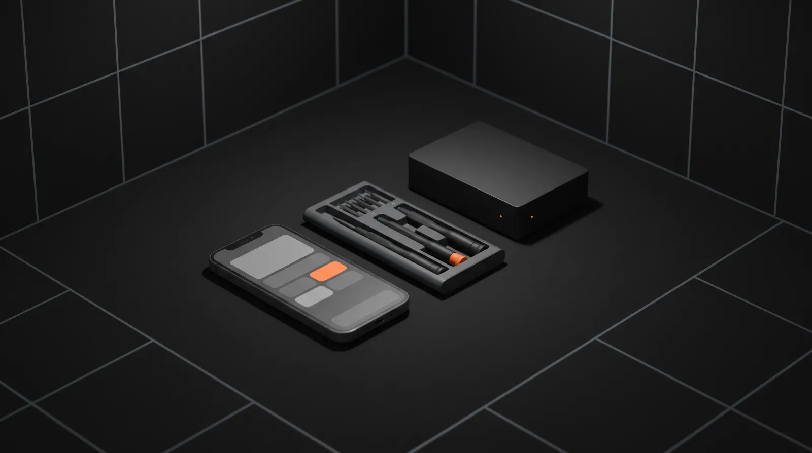 A phone, a precision screwdriver set and a small black server box on a dark grid floor