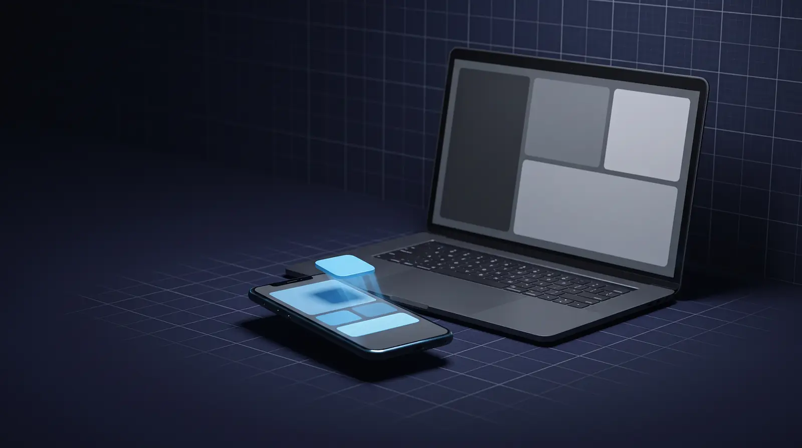 A laptop and a phone, with a light blue app tile lifting off the phone screen