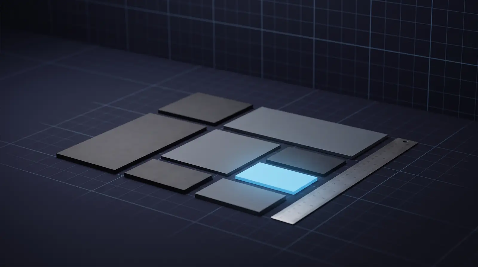 Grey cards of different sizes laid out like a page design, one light blue card and a metal ruler