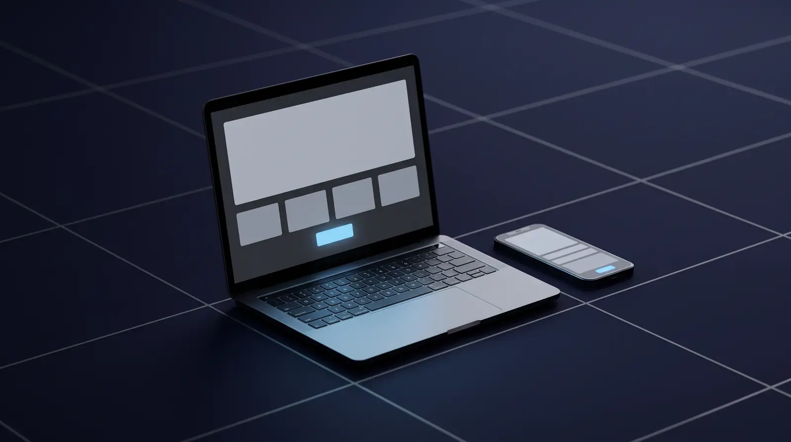 An open laptop and a phone on a dark grid floor, both showing the same business website layout